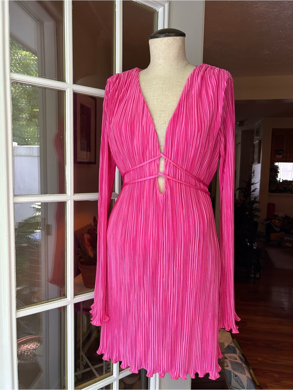 Hello Molly pink horizons meet plisse  V-Neck Dress. Large (8)
